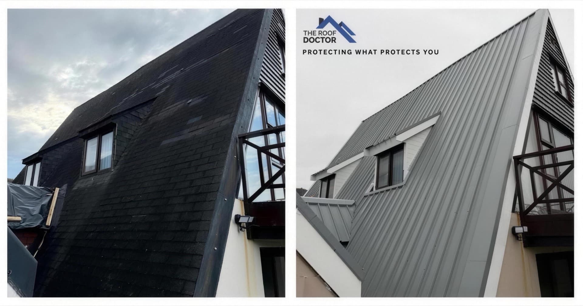 Before and after: worn slate tiles replaced with a new metal roof on a steep gable