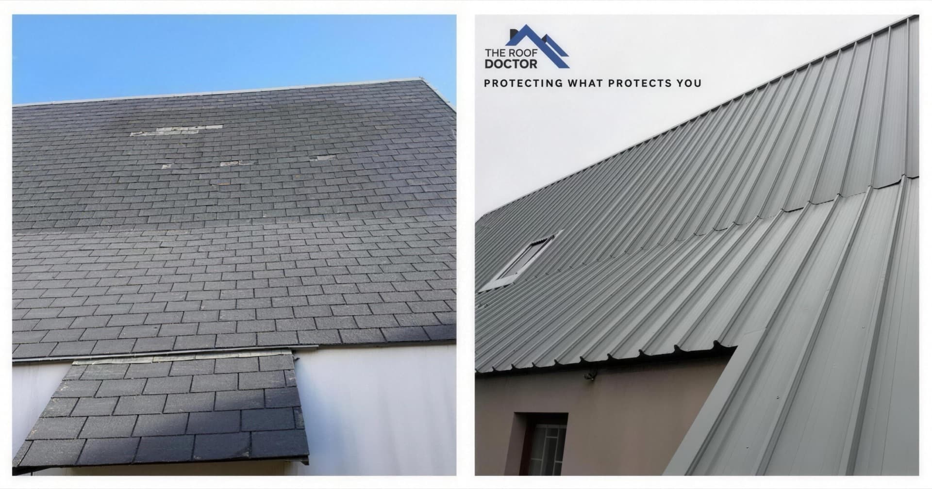 Before and after: a weathered shingle roof re-roofed in metal sheeting