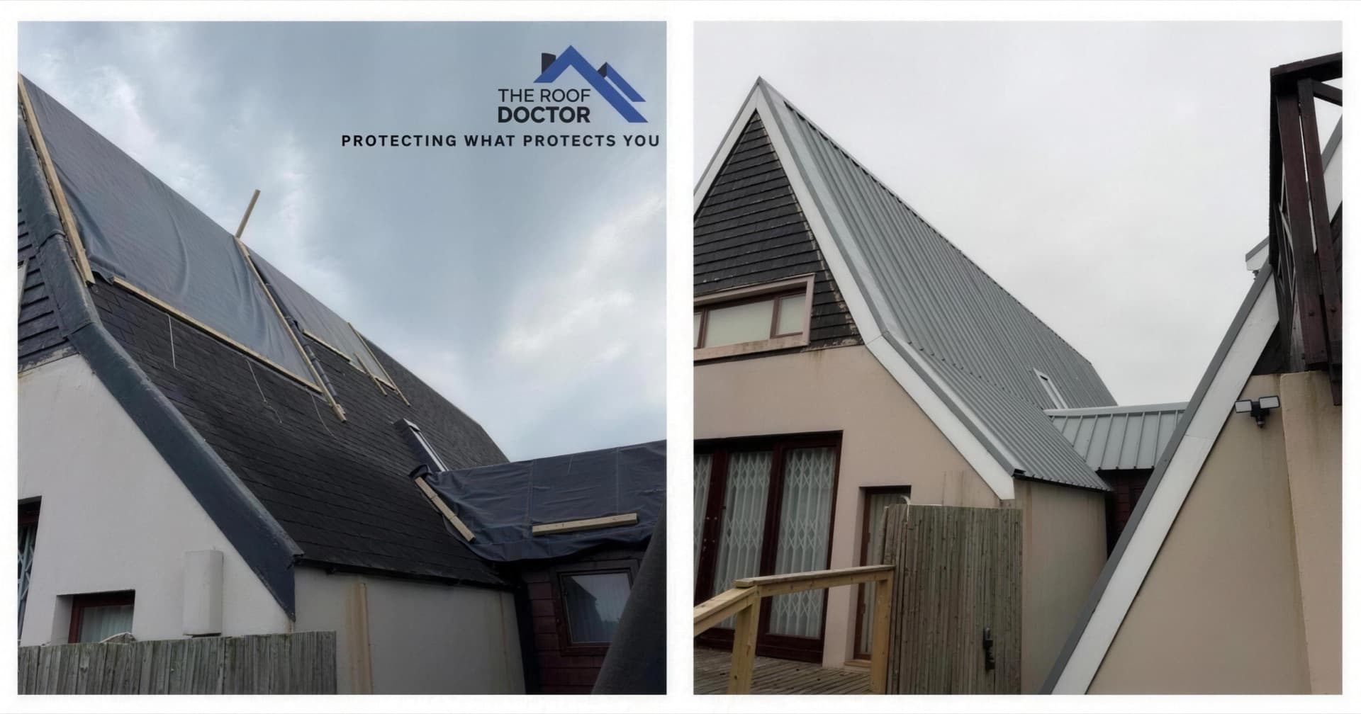 Before and after: the finished standing-seam roof on a steep gable end